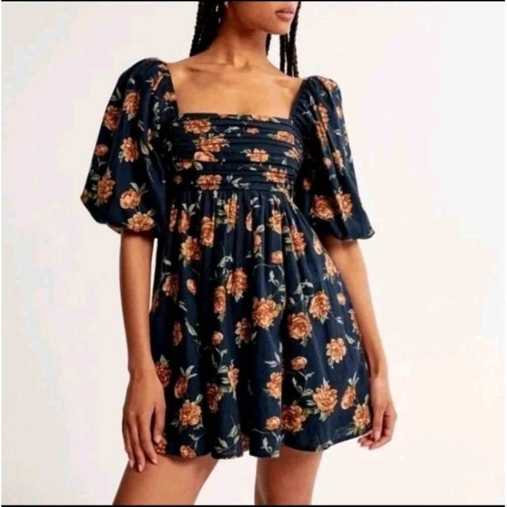 Abercrombie‎ & Fitch Navy Floral Linen Blend Emerson Puff Sleeve Mini Dress Sz S